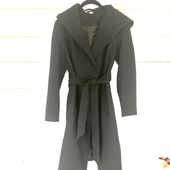 NWOT H&M Black Wool Blend Wrap Coat with big Hood - Picture 1 of 6